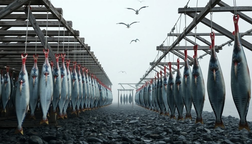 fish drying on frames